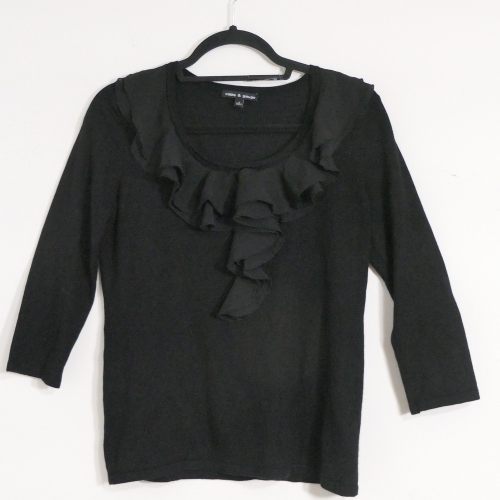 Cable & Gauge Women Sweater S Black Ruffles Romantic Feminine Chic Sophisticated